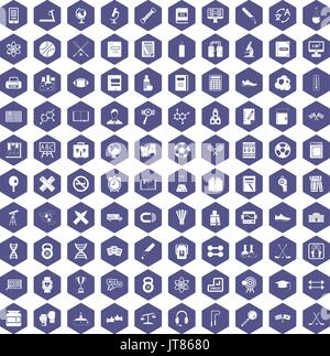 100 college icons hexagon purple Stock Vector