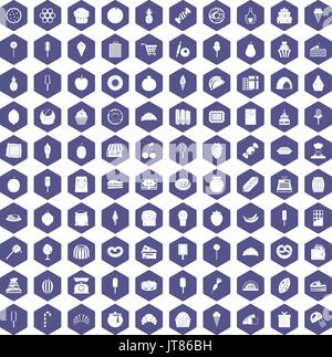 100 confectionery icons hexagon purple Stock Vector