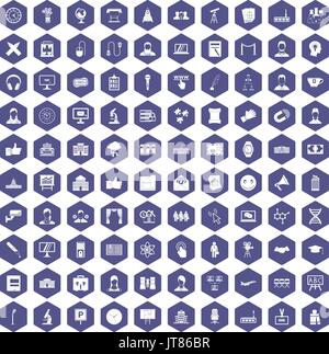 100 conference icons hexagon purple Stock Vector