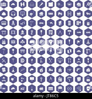 100 construction icons hexagon purple Stock Vector