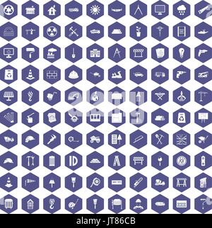 100 construction site icons hexagon purple Stock Vector