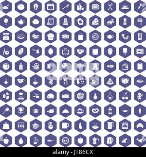 100 cooking icons hexagon purple Stock Vector