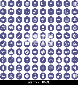 100 cow icons hexagon purple Stock Vector