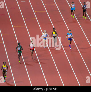 London, UK. 07th Aug, 2017. London, 2017 August 07. Allyson Felix, USA, powers through the field in the Women's 400m semi-final, eventually finishing second to Salwa Eid Naser on day four of the IAAF London 2017 world Championships at the London Stadium. Credit: Paul Davey/Alamy Live News Stock Photo