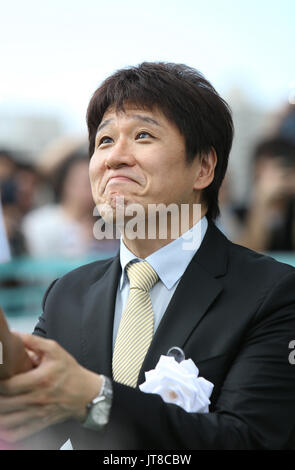 Fukuoka, Japan. 6th Aug, 2017. Osamu Hayashi Horse Racing : Presenter Osamu Hayashi during the victory ceremony after the Kokura Kinen at Kokura Racecourse in Fukuoka, Japan . Credit: Eiichi Yamane/AFLO/Alamy Live News Stock Photo