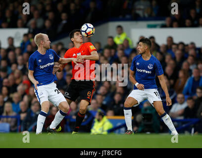 Liverpool, UK. 27th July, 2017. Kristi Qose of MFK Ruzomberok gets in between Davy Klaassen of Everton and Kevin Mirallas of Everton during the Europa League Qualifying Third Round 1st leg match at Goodison Park Stadium, Liverpool. Picture date: March 27th 2017. Pic credit should read: Simon Bellis/Sportimage/CSM/Alamy Live News Stock Photo