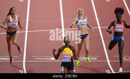 London, UK.  7 August 2017. Meghan Beesley (GB) crosses the finish line in sixth place in her 400m hurdles heat at the London Stadium, on day four of The IAAF World Championships London 2017. Credit: Stephen Chung / Alamy Live News Stock Photo