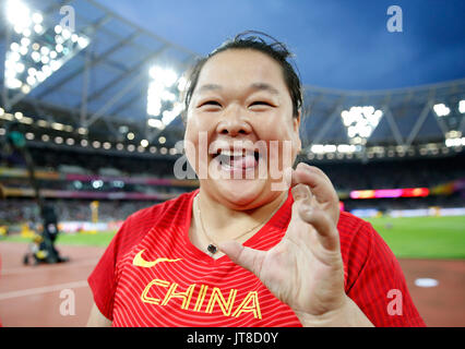 London, UK. 8th Aug, 2017. Wang Zheng of China celebrates after Women's Hammer Throw Final on Day 4 of the 2017 IAAF World Championships at London Stadium in London, Britain, on Aug.8, 2017. Wang Zheng took the silver with 75.98 metres. Credit: Wang Lili/Xinhua/Alamy Live News Stock Photo