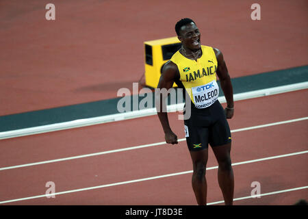 London, Britain. 8th Aug, 2017. Omar McLeod of Jamaica reacts after winning Men's 110m Hurdles Final on Day 4 of the 2017 IAAF World Championships at London Stadium in London, Britain, on Aug. 8, 2017. Omar McLeod claimed the title of the event with 13.04 seconds. Credit: Luo Huanhuan/Xinhua/Alamy Live News Stock Photo