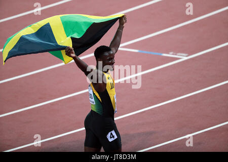 London, Britain. 8th Aug, 2017. Omar McLeod of Jamaica celebrates after winning Men's 110m Hurdles Final on Day 4 of the 2017 IAAF World Championships at London Stadium in London, Britain, on Aug. 8, 2017. Omar McLeod claimed the title of the event with 13.04 seconds. Credit: Luo Huanhuan/Xinhua/Alamy Live News Stock Photo