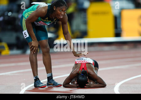 London, UK. 7th August, 2017. Caster Semenya, South Africa's bronze winner, congratulates Faith Chepngetich Kipyegon, Kenya's gold medal winner in the women’s 1,500m final on day four of the IAAF London 2017 world Championships at the London Stadium. Credit: Paul Davey/Alamy Live News Stock Photo