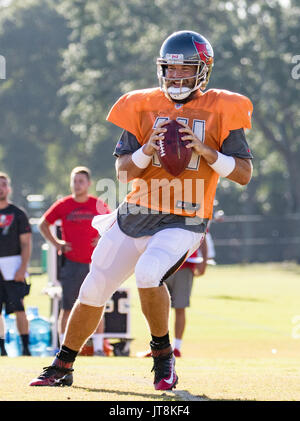 Tampa, Florida, USA. 8th August, 2017. Tampa Bay Buccaneers quarterback Ryan Fitzpatrick (14) doing drills at training camp in Tampa, Florida, USA. Del Mecum/CSM/Alamy Live News/Alamy Live News Stock Photo