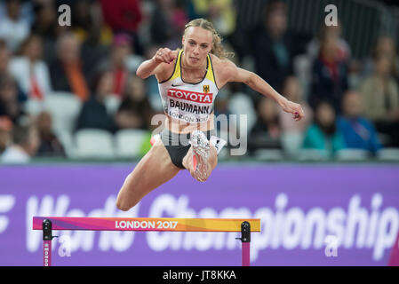 London, Grossbritannien. 07th Aug, 2017. Jackie BAUMANN, Deutschland, Aktion. Vorlauf 400m Huerden der Frauen, am 07.08.2017 Leichtathletik Weltmeisterschaft 2017 in London/ Grossbritannien, vom 04.08. - 13.08.2017. | Verwendung weltweit Credit: dpa/Alamy Live News Stock Photo