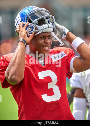 East Rutherford, USA. 8th August, 2017. New York Giants' quarterback Gene Smith (3) during practice at the Quest Diagnostics Training Center in East Rutherford, New Jersey. Duncan Williams/CSM Stock Photo