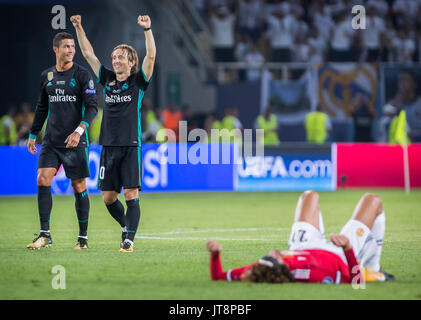 Skopje, Macedonia. 08th Aug, 2017. August 8th 2017, Philip II National Arena, Skopje, Macedonia; 2017 UEFA Super Cup; Real Madrid versus Manchester United; midfielder Luka Modric of Real Madrid and forward Cristiano Ronaldo of Real Madrid celebrate a victory after the Super Cup match Credit: Nikola Krstic/Alamy Live News Stock Photo