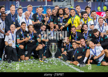 Skopje, Macedonia. 08th Aug, 2017. August 8th 2017, Philip II National Arena, Skopje, Macedonia; 2017 UEFA Super Cup; Real Madrid versus Manchester United; players of Realm Madrid celebrate a victory with of the Super Cup with a trophy Credit: Nikola Krstic/Alamy Live News Stock Photo