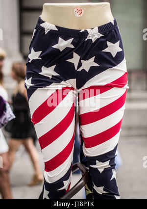 New York City, New York, USA. 8th Aug, 2017. USA flag pants on a manequin sold by a street vendor in front of the United States Bankruptcy Court, lower Manhattan, NYC. Credit: Sachelle Babbar/ZUMA Wire/Alamy Live News Stock Photo