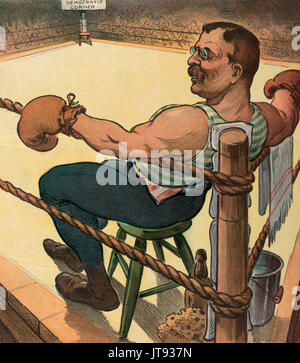 'Terrible Teddy' waits for 'the unknown'.  Illustration shows President Theodore Roosevelt as a boxer sitting on a stool with his arms resting on the ropes in the near corner of a boxing ring, waiting for a challenger to enter the ring and sit in the vacant chair in the 'Democratic Corner'. Political Cartoon, 1904 Stock Photo