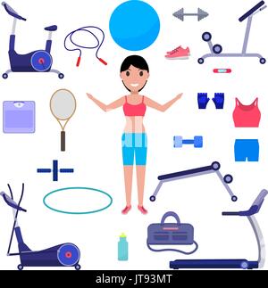 Vector cartoon girl with various sports equipment Stock Vector