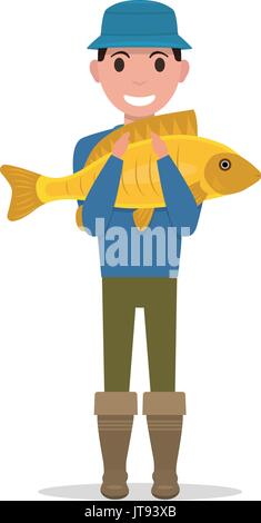 Vector cartoon fisherman holding a fish Stock Vector