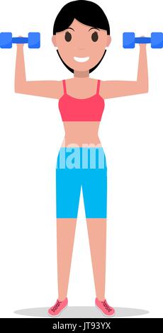 Vector cartoon girl holding dumbbells for fitness Stock Vector