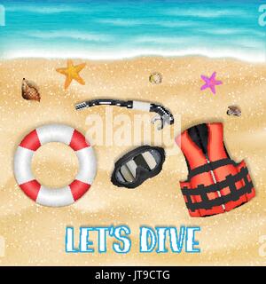 scuba diving mask safety vest safety torus on beachscuba diving mask safety vest safety torus on beach Stock Vector
