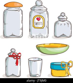 Big set of handdrawn glass jars. Stock Vector