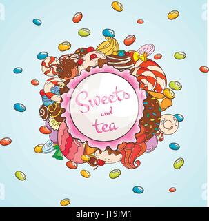 Label sweet shop. Swirl candy, chocolate, lollipop, caramel, cream. Stock Vector