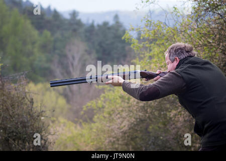 Hunter in forest during hunting season aiming before shoot Stock Photo