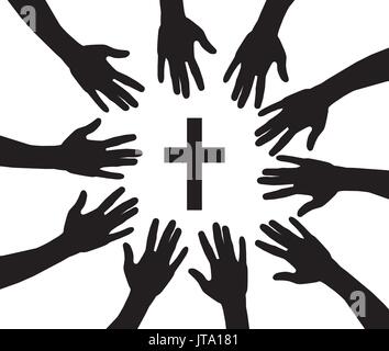 vector illustration of praying hands and cross Stock Vector