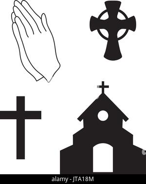 vector illustration of Christian faith, church symbols. Praying hands, celtic cross Stock Vector