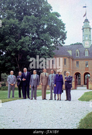 'Class photo' of the G-7 leaders from the Economic Summit in front of the Colonial Capitol in Williamsburg, Virginia on May 29, 1983.  From left to right:  Prime Minister Pierre Trudeau of Canada, President Gaston Thorn of the European Commission, Chancellor Helmut Kohl of West Germany, President Francois Mitterrand of France, President Reagan, Prime Minister Yasuhiro Nakasone of Japan, Prime Minister Margaret Thatcher of the United Kingdom, and Prime Minister Amintore Fanfani of Italy. Credit: Arnie Sachs / CNP /MediaPunch Stock Photo