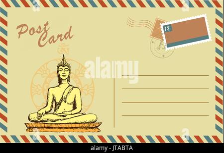 Vintage postcard with Buddha in meditation Stock Vector