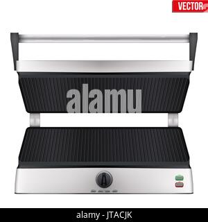 Opened Original Electric Grill. Sample model for Kitchen appliance. Homemade barbecue and burgers. Vector Illustration isolated on white background. Stock Vector