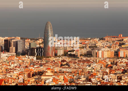 View over Barcelona with Torre Agbar Tower, architect Jean Nouvel, Barcelona, Catalonia, Spain, Europe Stock Photo