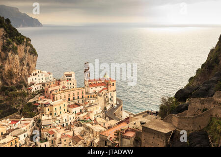 Atrani, elevated view of church, coast road and misty sea, Amalfi Coast, UNESCO World Heritage Site, Campania, Italy, Europe Stock Photo