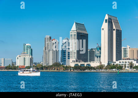 Little tourist cruise ship with the skyline in the background, Harbour of San Diego, California, USA, North America Stock Photo