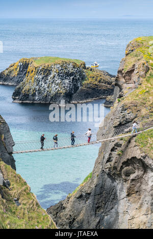 View of the Carrick a Rede Rope Bridge, Ballintoy, Ballycastle, County Antrim, Ulster, Northern Ireland, United Kingdom, Europe Stock Photo