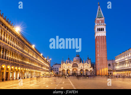 Campanile tower, Piazza San Marco (St. Marks Square) and Basilica di San Marco, at night, Venice, UNESCO, Veneto, Italy, Europe