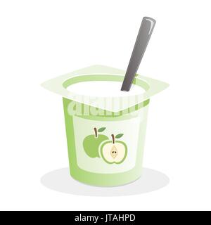 Apple yogurt with spoon inside on white background Stock Vector