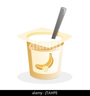 Banana yogurt with spoon inside on white background Stock Vector