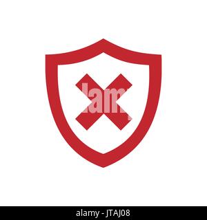 Red unprotected shield icon on a white background Stock Vector