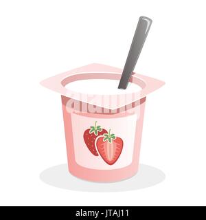 Strawberry yogurt with spoon inside on white background Stock Vector