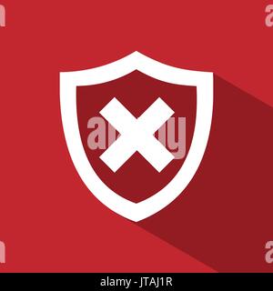 Unprotected shield icon with shade on a red background Stock Vector