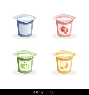 Yogurt flavors with spoon inside on white background Stock Vector