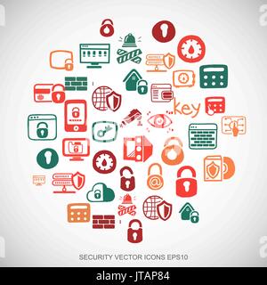 Multicolor doodles Hand Drawn Security Icons set on White. EPS10 vector illustration. Stock Vector