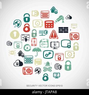 Multicolor doodles Hand Drawn Security Icons set on White. EPS10 vector illustration. Stock Vector