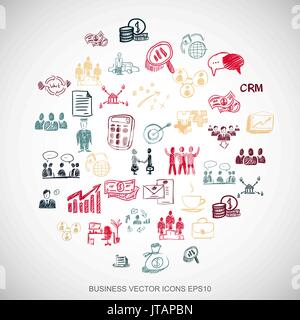 Multicolor doodles Hand Drawn Business Icons set on White. EPS10 vector illustration. Stock Vector