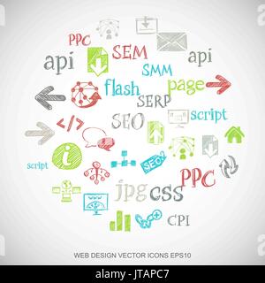 Multicolor doodles Hand Drawn Site Development Icons set on White. EPS10 vector illustration. Stock Vector