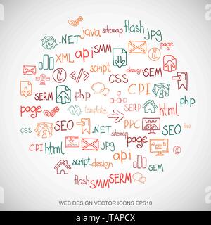 Multicolor doodles Hand Drawn Site Development Icons set on White. EPS10 vector illustration. Stock Vector